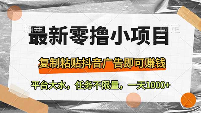 （14230期）最新零撸小项目，复制粘贴抖音广告即可赚钱，平台大水，任务不限量，一…