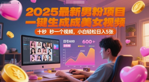 2025最新男粉项目，一键生成美女视频，日引600+色粉 十秒一个视频，小白轻松日入5张