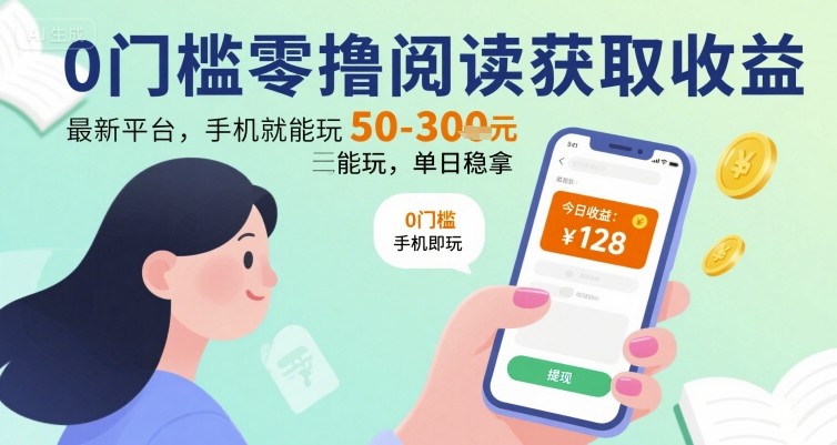 0门槛零撸阅读获取收益：最新平台，手机就能玩，单日稳拿 50-3张