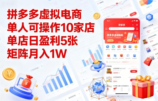 拼多多虚拟电商，单人可操作10家店，单店日盈利5张，矩阵月入1W+