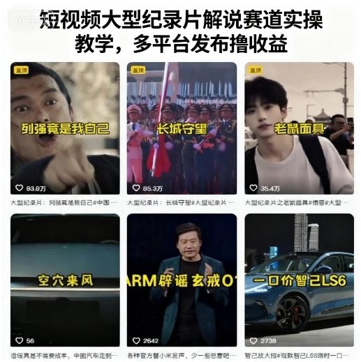 短视频大型纪录片解说赛道实操教学，多平台发布撸收益