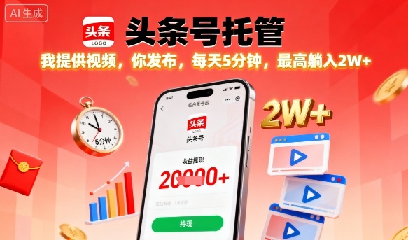 【头条号托管】我提供视频，你发布，每天5分钟，最高躺入2W+