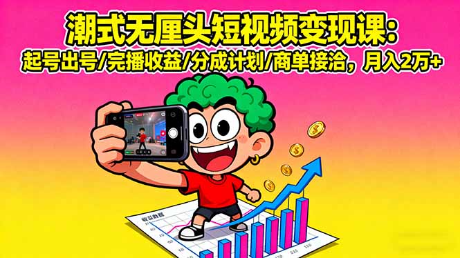 （16023期）潮式无厘头短视频变现课：起号出号/完播收益/分成计划/商单接洽，月入2万+