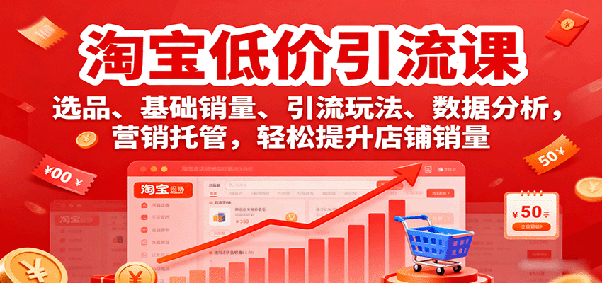淘宝低价引流课，选品、基础销量、引流玩法、数据分析，营销托管，轻松提升店铺销量