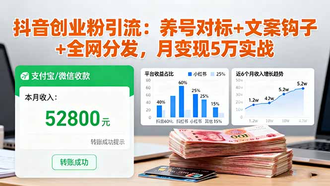 （16338期）抖音创业粉引流：养号对标+文案钩子+全网分发，月变现5万实战