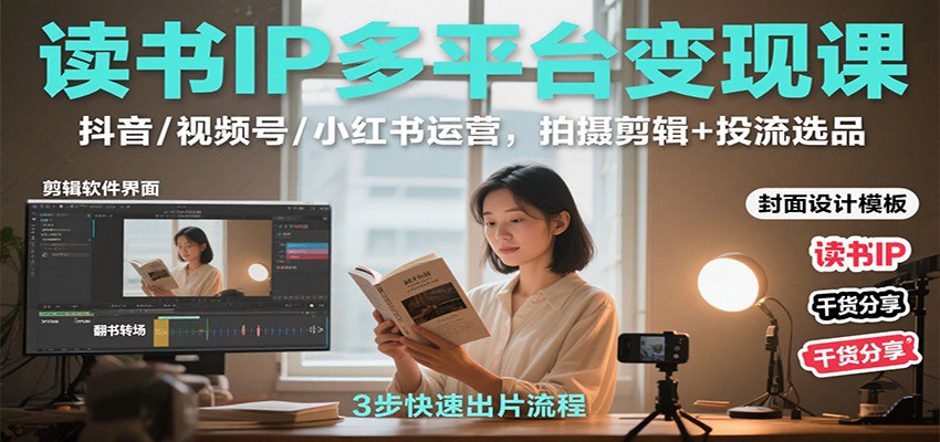 读书IP多平台变现课：抖音/视频号/小红书运营，拍摄剪辑+投流选品