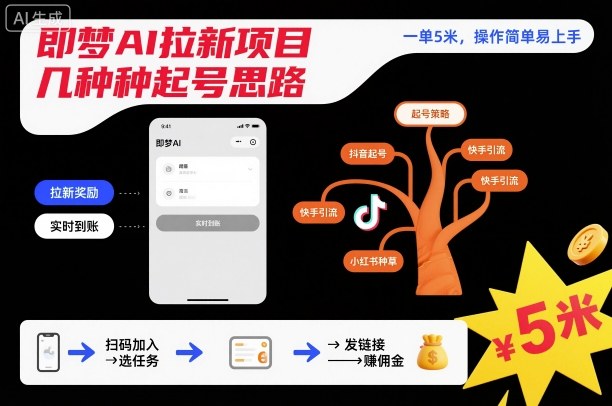 即梦AI拉新项目几种起号思路，一单5米，操作简单易上手