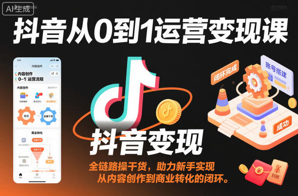 抖音从0到1运营变现课，全链路实操干货，助力新手实现从内容创作到商业转化的闭环
