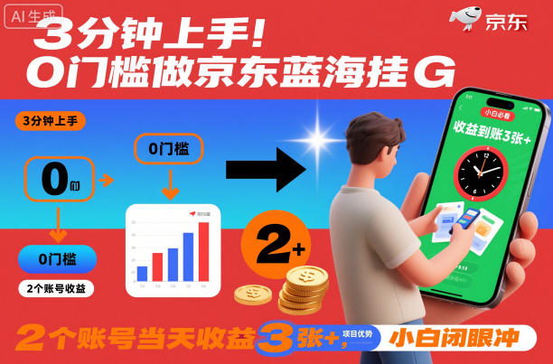3分钟上手！0门槛做京东蓝海全自动掘金，2个账号当天收益3张+，小白闭眼冲