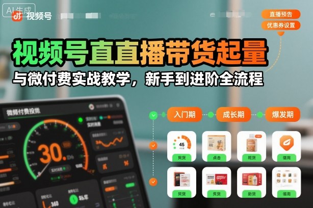 视频号直播带货起量与微付费实战教学，新手到进阶全流程