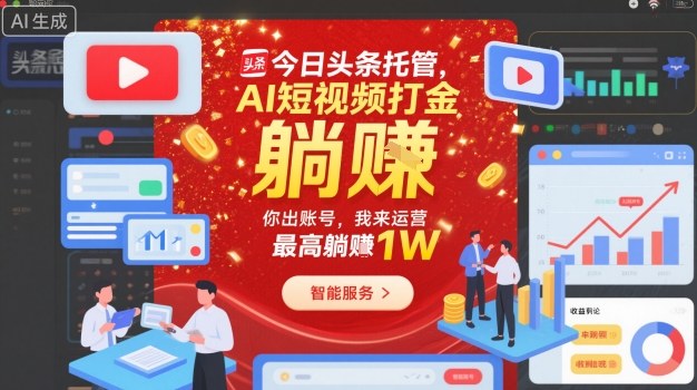 今日头条托管，AI短视频打金，你出账号，我来运营，最高躺賺1W
