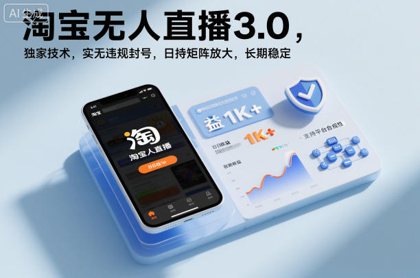 淘宝无人直播3.0，独家技术，实无违规封号，日收益1k+，支持矩阵放大，长期稳定