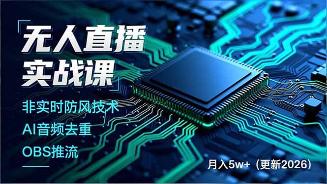 （17113期）无人直播实战课，非实时防风技术、AI音频去重、OBS推流，建立技术壁垒，月入5w+（更新2026）