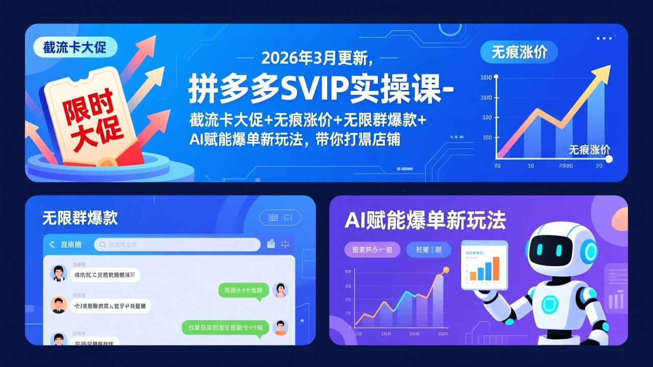 （17589期）拼多多SVIP实操课-26年3月，截流卡大促+无痕涨价+无限群爆款+AI赋能爆单新玩法，带你打爆店铺