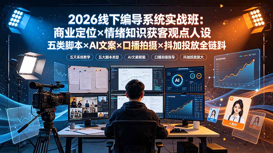 (19501期)2026线下编导系统实战班:商业定位×情绪知识获客观点人设五类脚本×AI文案×口播拍摄×抖加投放全链路