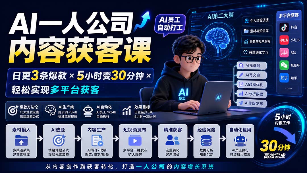 (20111期)AI一人公司内容获客课-更新8月:日更3条爆款×5小时变30分钟×AI员工自动打工,轻松实现多平台获客