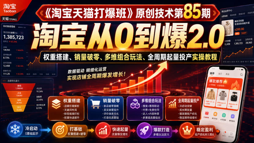 《淘宝天猫打爆班》原创技术第85期，淘宝从0到爆2.0，权重搭建、销量破零、多维组合玩法、全周期起量投产实操教程