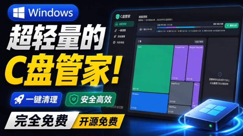Windows超轻量的C盘管家！超级有特点，支持磁盘分析及清理提醒，2M大小体积，完全免费C盘管家