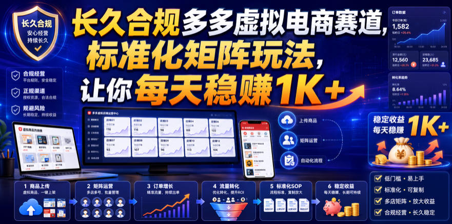 长久合规多多虚拟电商赛道,标准化矩阵玩法,让你每天稳賺1K+