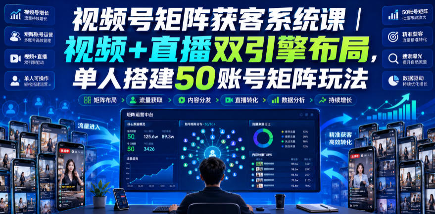 视频号矩阵获客系统课|视频+直播双引擎布局,单人搭建50账号矩阵玩法,流量入池、搜索占位、全域引流沉淀私域全流程教学
