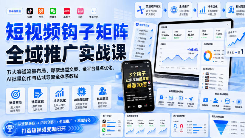 短视频钩子矩阵全域推广实战课|五大赛道流量布局、爆款选题文案、全平台排名优化、AI批量创作与私域导流全体系教程
