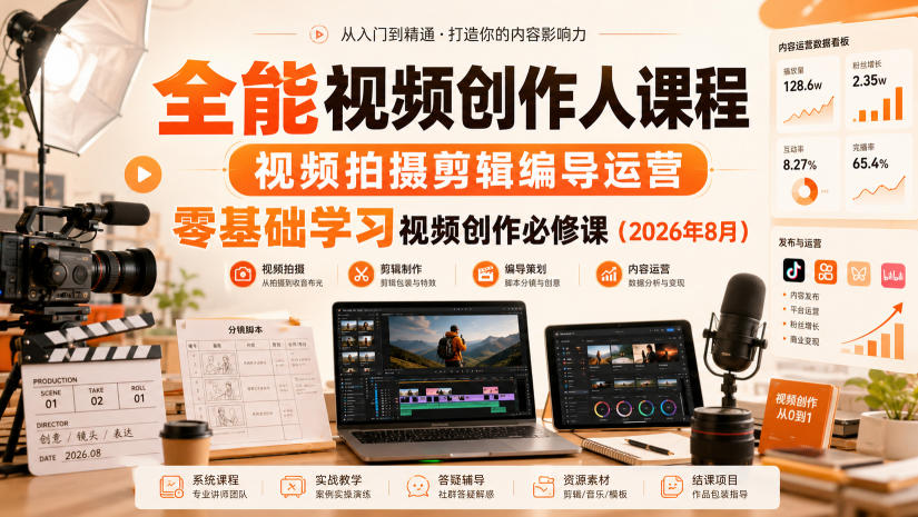 全能视频创作人课程,视频拍摄剪辑编导运营,零基础学习视频创作必修课(2026年8月)