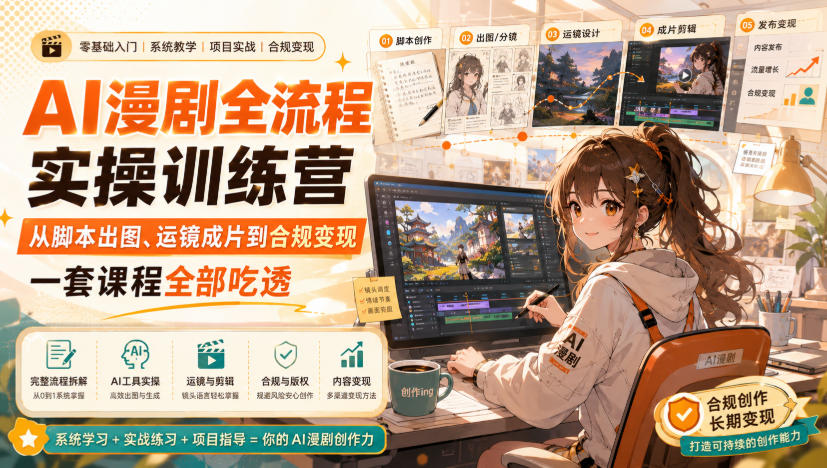 AI漫剧全流程实操训练营，从脚本出图、运镜成片到合规变现，一套课程全部吃透