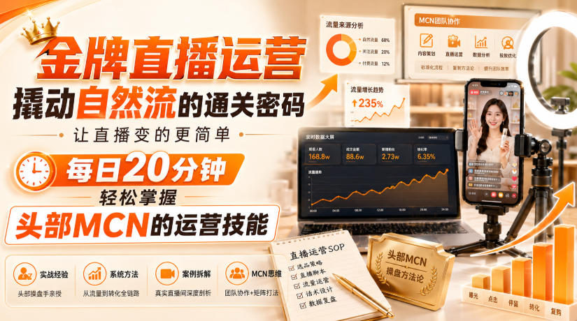 金牌直播运营撬动自然流的通关密码，让直播变的更简单，每日20分钟，轻松掌握头部MCN的运营技能