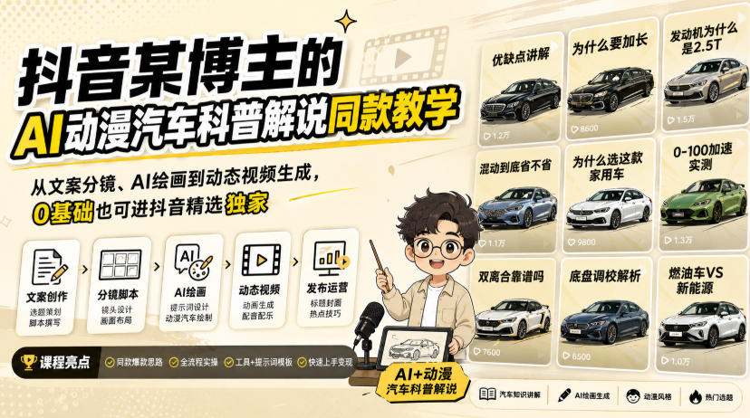 抖音某博主的AI动漫汽车科普解说同款教学，从文案分镜、AI绘画到动态视频生成，0基础解锁抖音精选独家收益