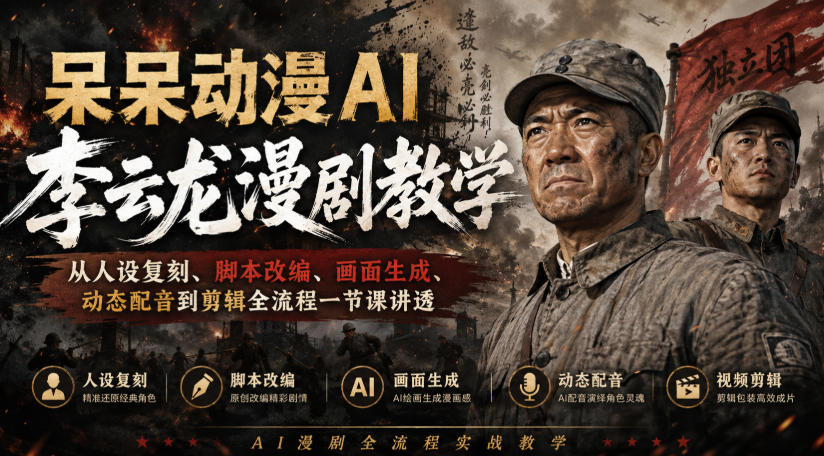 呆呆动漫AI李云龙漫剧教学,从人设复刻、脚本改编、画面生成、动态配音到剪辑全流程一节课讲透
