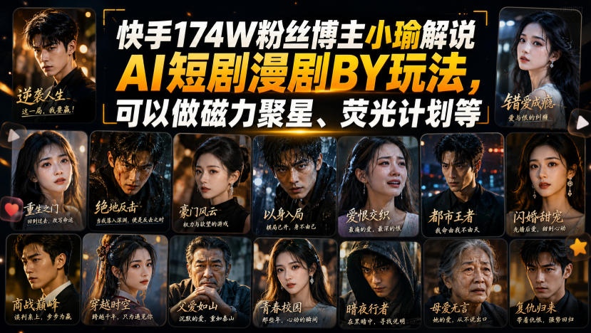 快手174W粉丝博主小瑜解说AI短剧漫剧搬运玩法,可以做磁力聚星、荧光计划等