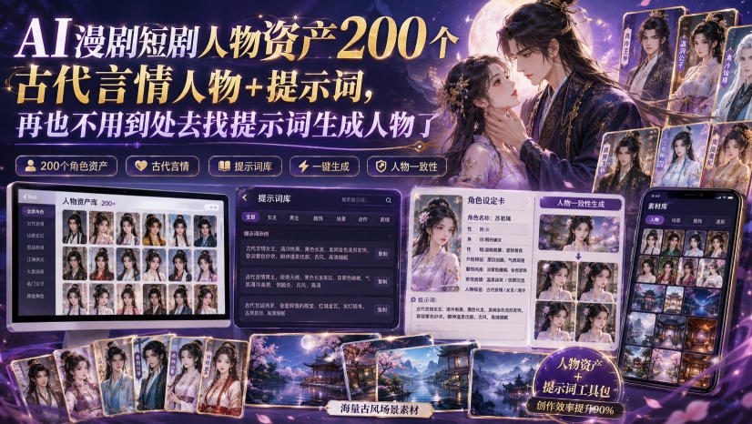 AI漫剧短剧人物资产200个古代言情人物+提示词,再也不用到处去找提示词生成人物了