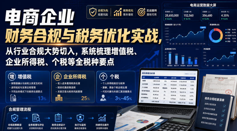 电商企业财务合规与税务优化实战,从行业合规大势切入,系统梳理增值税、企业所得税、个税等全税种要点