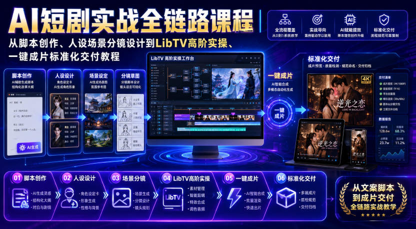 AI短剧实战全链路课程|从脚本创作、人设场景分镜设计到LibTV高阶实操、一键成片标准化交付教程