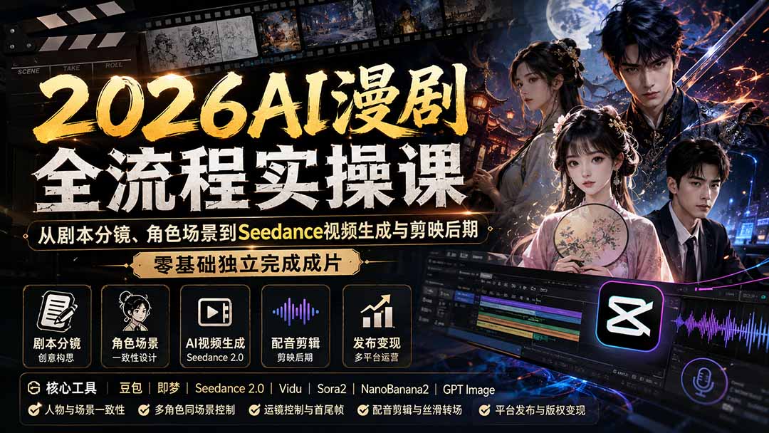 (20042期)2026AI漫剧全流程实操课:从剧本分镜、角色场景到Seedance视频生成与剪映后期,零基础独立完成成片