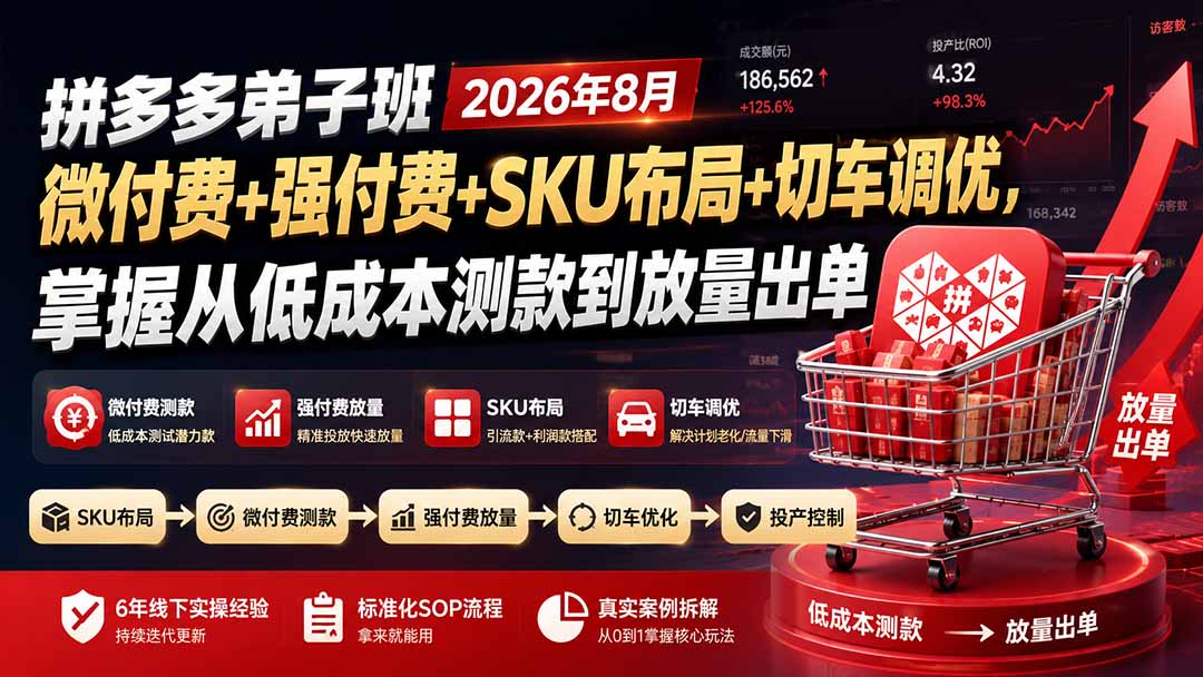 （19746期）拼多多弟子班2026年8月：微付费+强付费+SKU布局+切车调优，掌握从低成本测款到放量出单