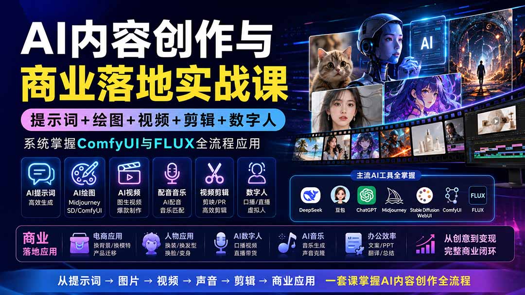 (19913期)AI内容创作与商业落地实战课:提示词+绘图+视频+剪辑+数字人,系统掌握ComfyUI与FLUX全流程应用