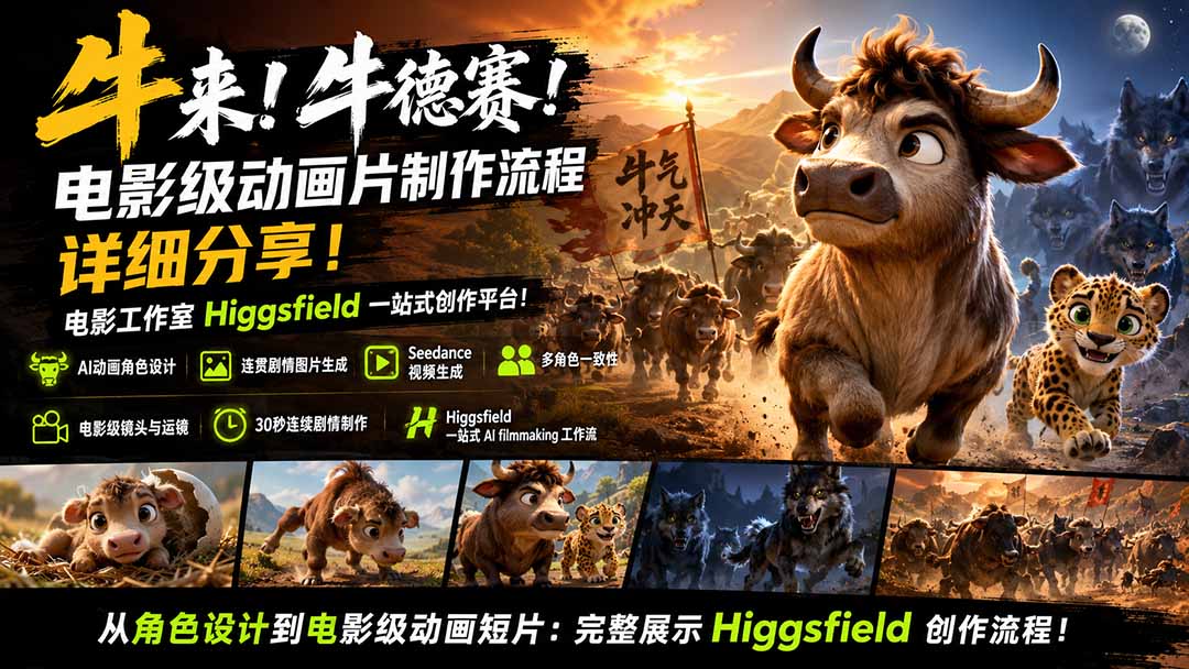 (19987期)牛来!牛德赛!电影级动画片制作流程详细分享!电影工作室Higgsfield一站式创作平台!