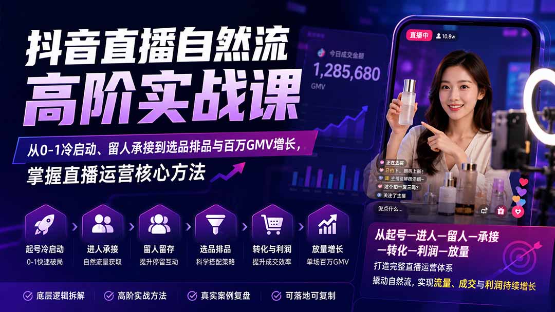 (20058期)抖音直播自然流高阶实战课:从0-1冷启动、留人承接到选品排品与百万GMV增长,掌握直播运营核心方法
