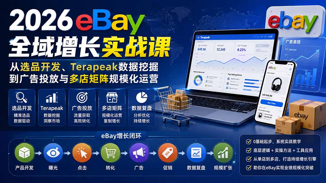 (20023期)2026-Vincent eBay全域增长实战课-无水印:从选品开发、Terapeak数据挖掘到广告投放与多店矩阵规模化运营