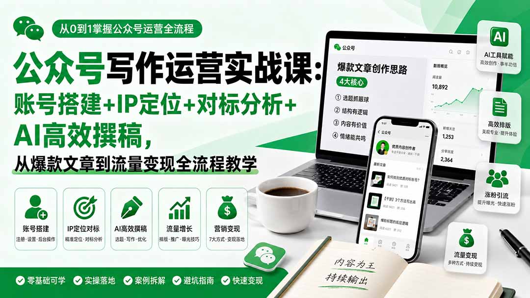 (19914期)公众号写作运营实战课:账号搭建+IP定位+对标分析+AI高效撰稿,从爆款文章到流量变现全流程教学