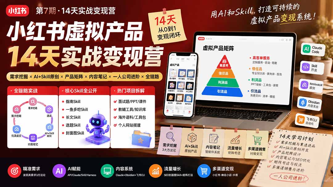 (19712期)小红书虚拟产品14天实战变现营-第7期:需求挖掘×AI+Skill原创×产品矩阵×内容笔记×一人公司进阶×全链路