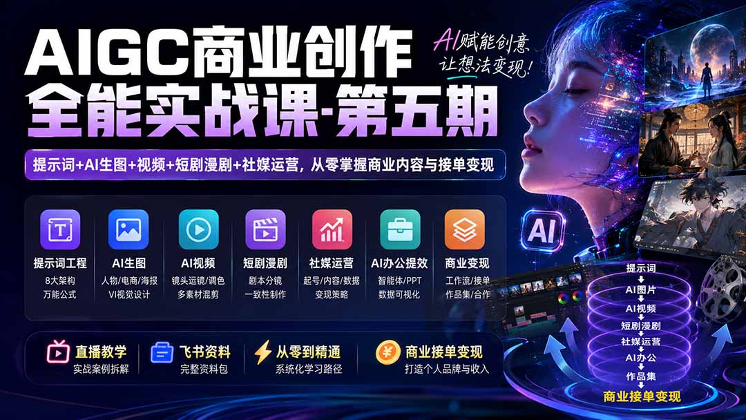 (19753期)AIGC商业创作全能实战课-第五期:提示词+AI生图+视频+短剧漫剧+社媒运营,从零掌握商业内容与接单变现