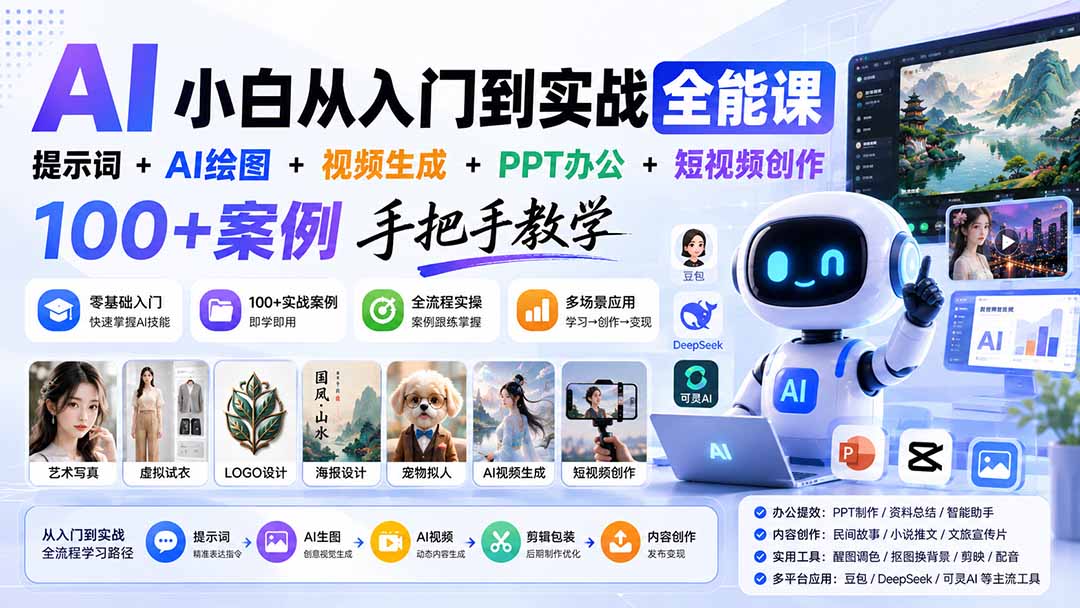 (20018期)AI小白从入门到实战全能课:提示词+AI绘图+视频生成+PPT办公+短视频创作,100+案例手把手教学