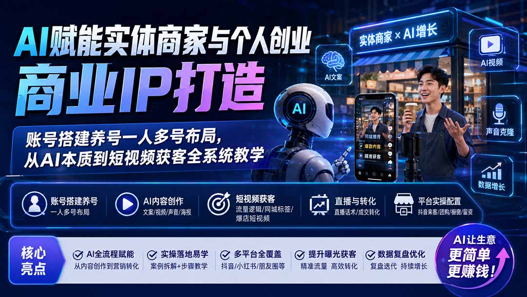 （19852期）AI赋能实体商家与个人创业商业IP打造；账号搭建养号一人多号布局，从AI本质到短视频获客全系统教学