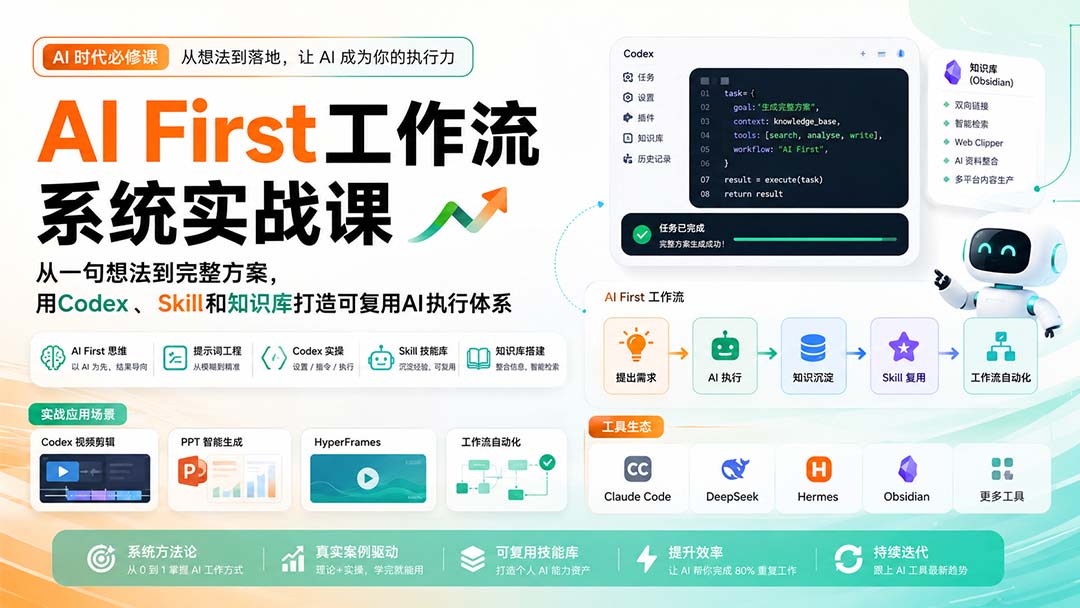 (20104期)AI First工作流系统实战课:从一句想法到完整方案,用Codex、Skill和知识库打造可复用AI执行体系