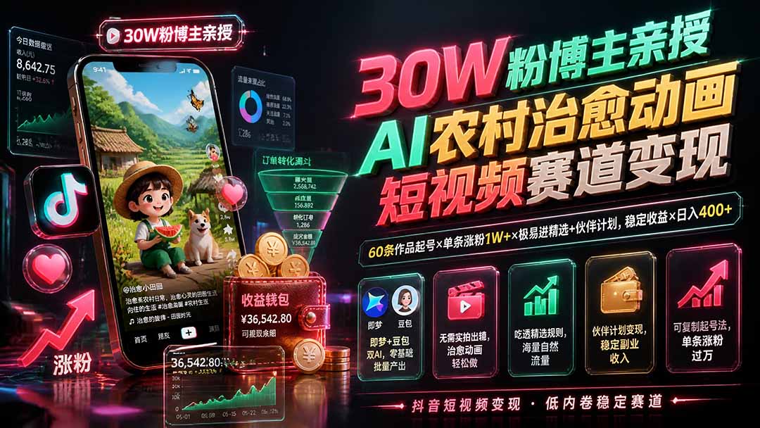 (19648期)30W粉博主亲授AI农村治愈动画短视频赛道变现:60条作品起号×单条涨粉1W+×极易进精选+伙伴计划,稳定收益×日入400+