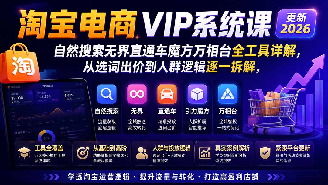 (20035期)淘宝电商VIP系统课-更新8月;自然搜索无界直通车魔方万相台全工具详解,从选词出价到人群逻辑逐一拆解