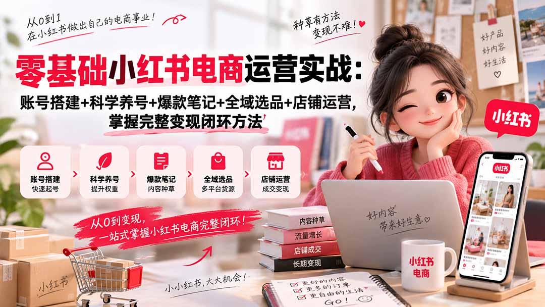 (20467期)零基础小红书电商运营实战:账号搭建+科学养号+爆款笔记+全域选品+店铺运营,掌握完整变现闭环方法