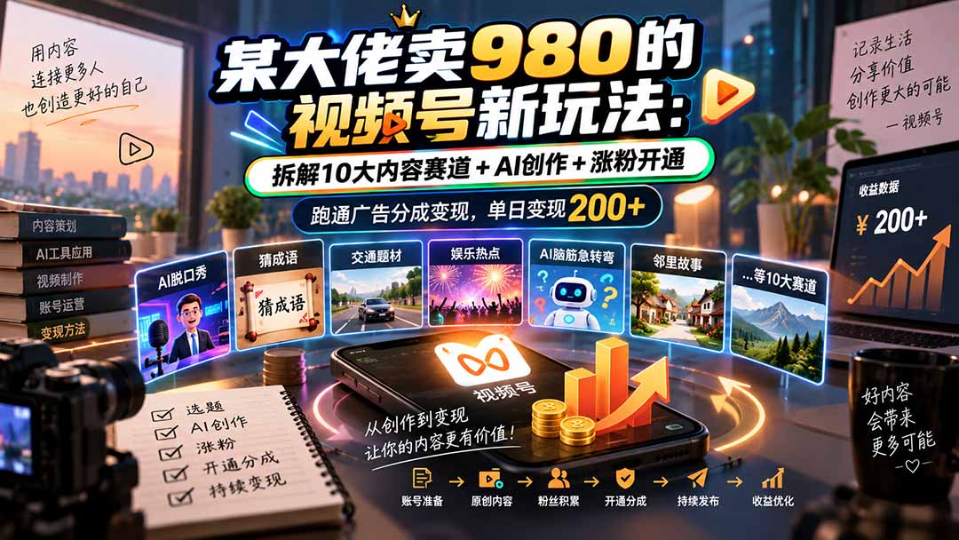（20572期）某大佬卖980的视频号新玩法：拆解10大内容赛道+AI创作+涨粉开通，跑通广告分成变现，单日变现200+
